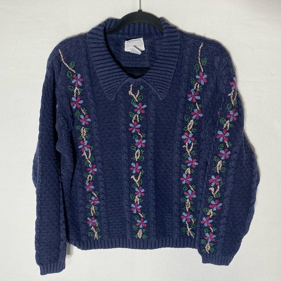 Christopher & Banks Sweaters - Vintage Christopher & Banks Floral Hand Embroidered Navy Cotton Sweater Ramie M